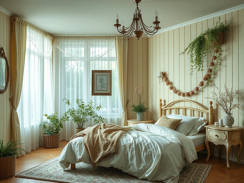 Светлая спальня с растениями, кроватью с пледом и уютным освещением. Тёплая и расслабляющая атмосфера.
