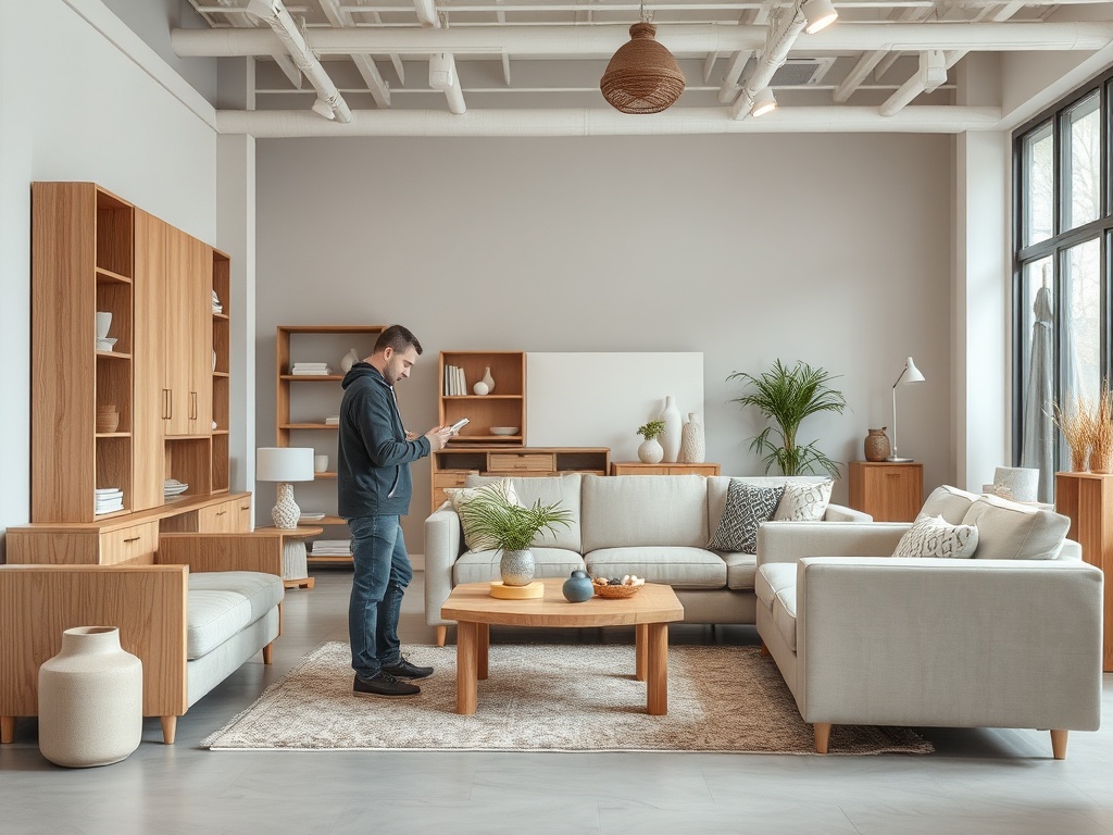 Современный интерьер с уютной мебелью; мужчина смотрит на телефон в комнате с большими окнами.