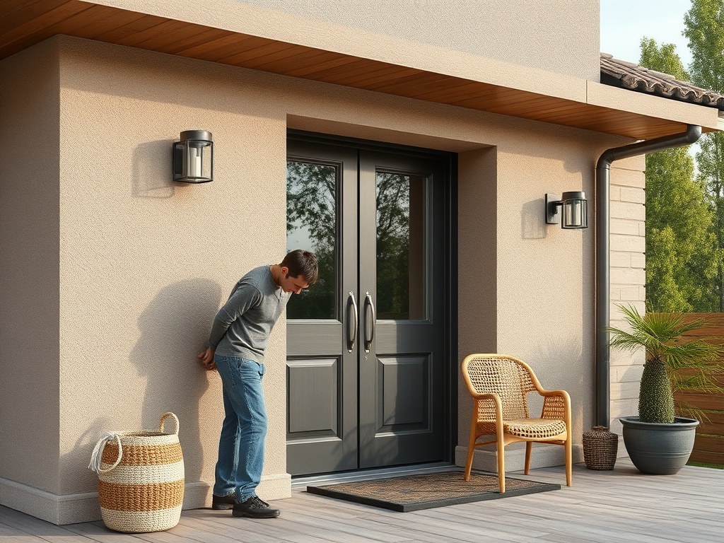 Мужчина в свитере стоит перед дверью дома, рядом с корзиной и плетеным стулом на веранда.