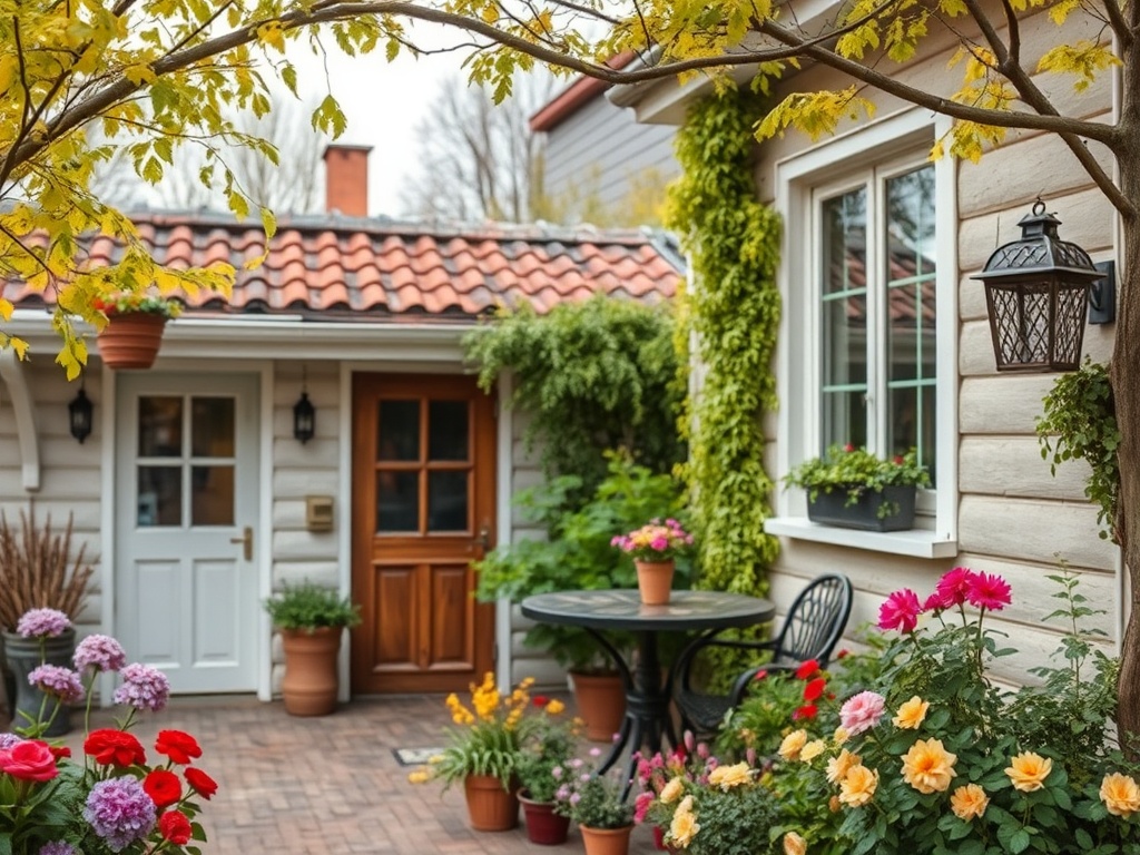Уютный двор с цветами, столиком и стульями, рядом с домом с деревянными дверями и зелеными растениями.