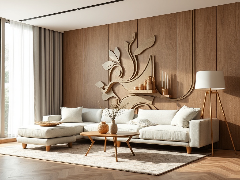 Современный интерьер гостиной с уютным диваном, декоративной стеной и стильными аксессуарами.