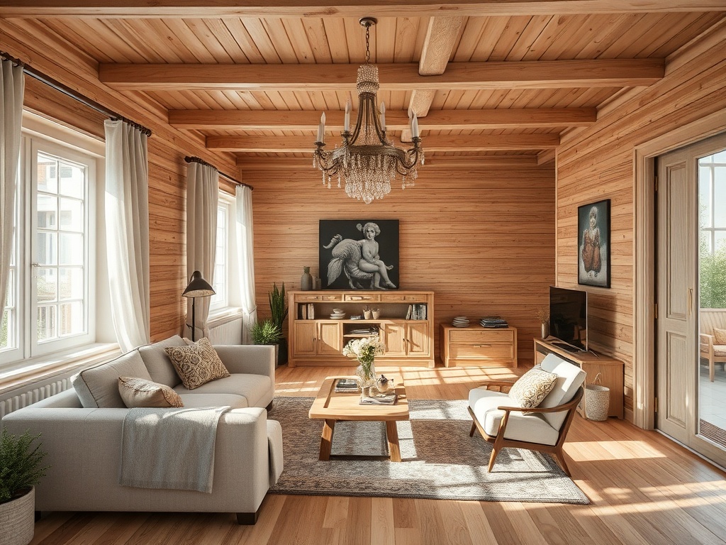 Современный зал с деревянными стенами, уютным диваном и стильной мебелью, залитый светом из окон.