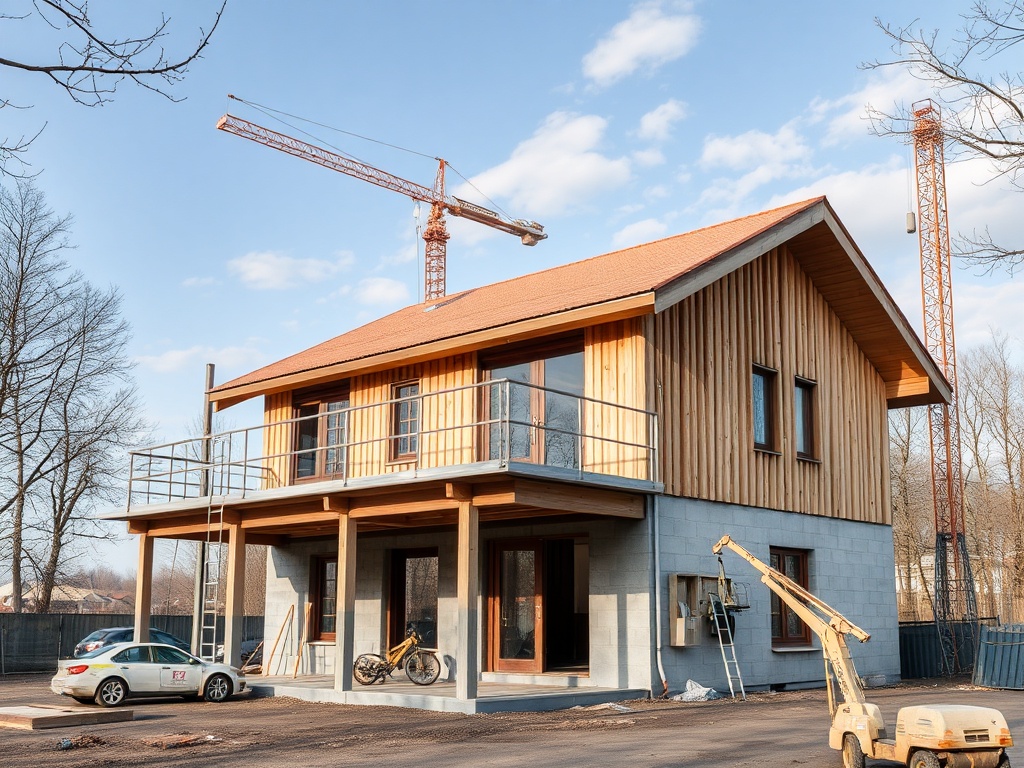 Строящийся деревянный дом с балконом, рядом строительный кран и оборудование, весеннее небо.