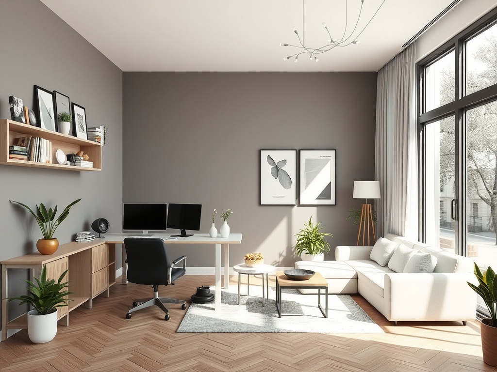 Современный офис с рабочим местом, удобным диваном и большими окнами, наполненный растительностью.