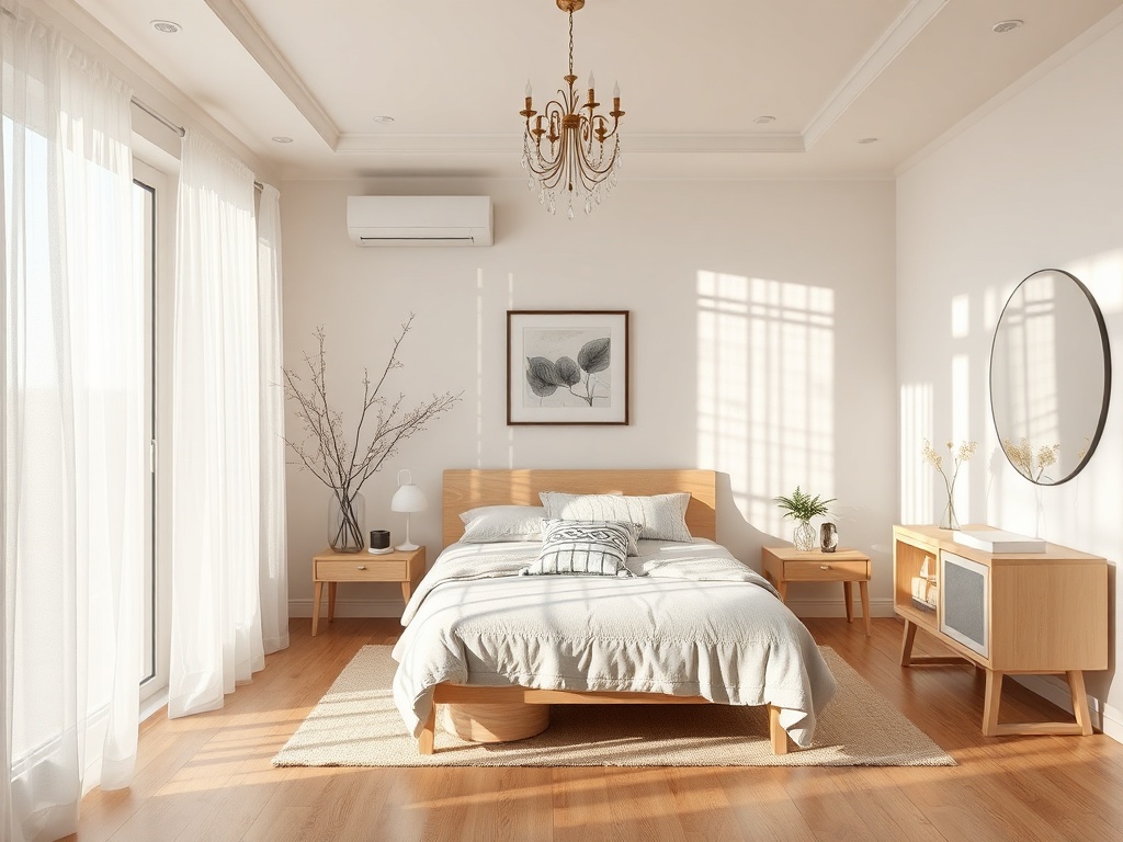 Спальня с деревянной мебелью, большим окном и светлыми занавесками. Стороны освещены солнечным светом.