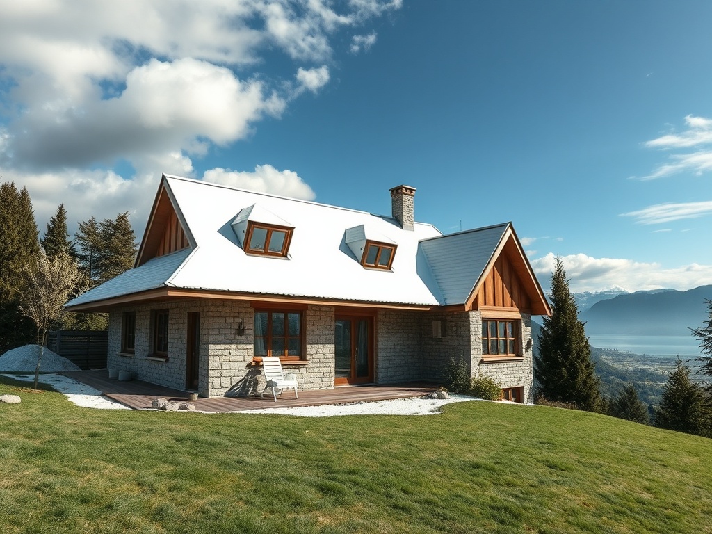 Красивая загородная дом, окружённая зелеными лужайками и горным пейзажем под голубым небом.