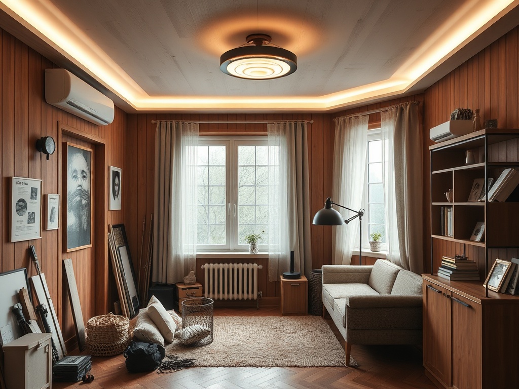 Современный уютный интерьер комнаты с деревянными панелями и светлым диваном, оформленный в спокойных тонах.