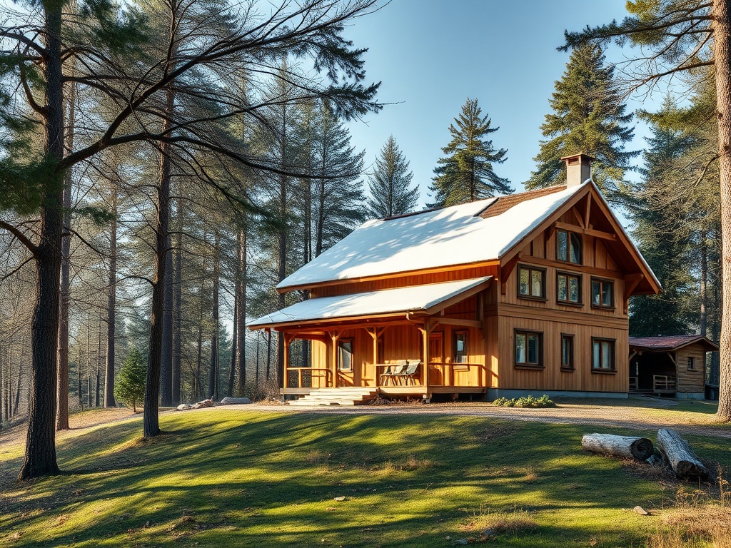 Деревянный дом с крышей, покрытой снегом, среди высоких деревьев на зеленом холме.
