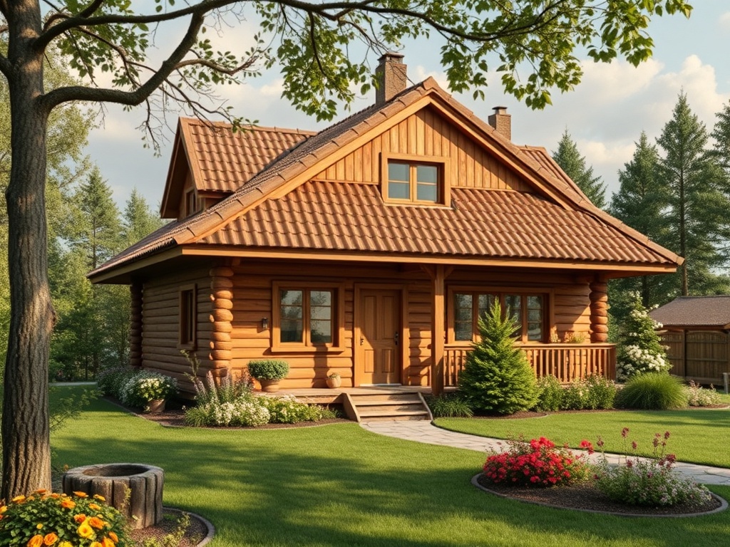 Уютный деревянный дом с крышей из черепицы, окруженный зелеными насаждениями и цветами в саду.