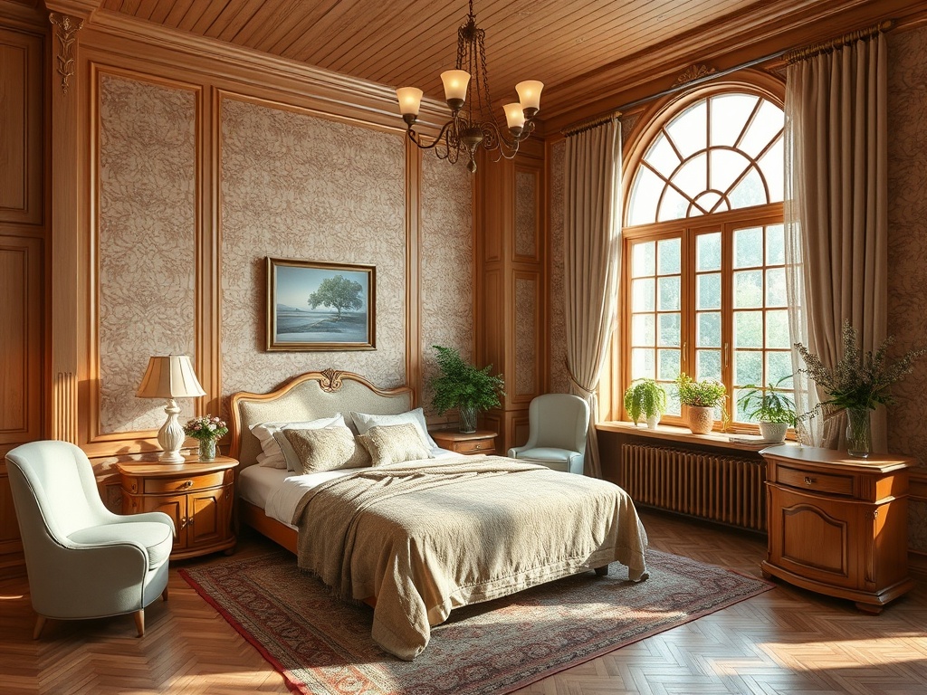 Уютная спальня с деревянными панелями, окном, растениями и элегантной мебелью. Светлое и просторное пространство.