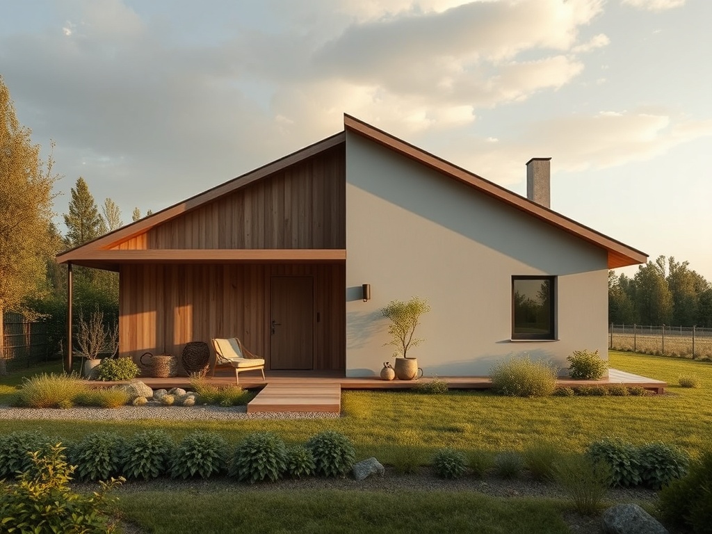 Современный дом с деревянной отделкой на фоне зелёного двора и ясного неба. Спокойная летняя атмосфера.