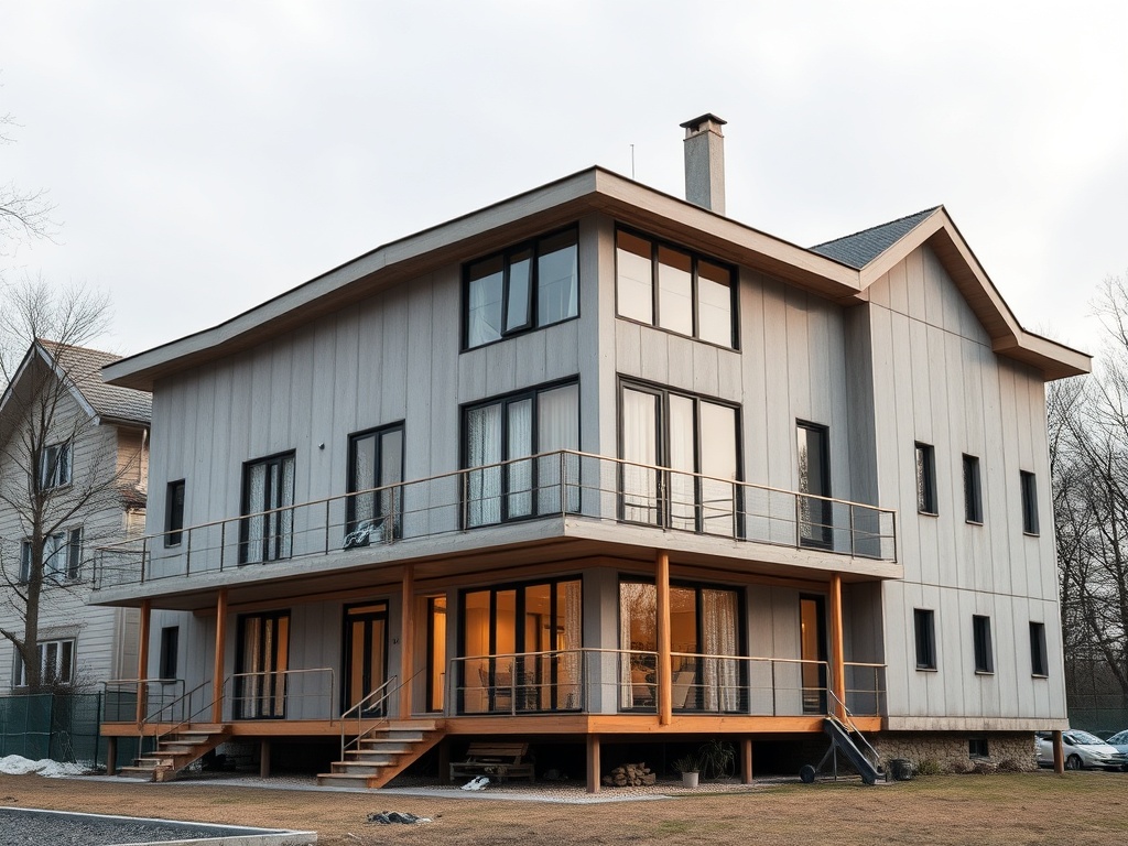 Уютный современный дом с балконом, большой площадью остекления и светлым экстерном, окружённый деревьями.