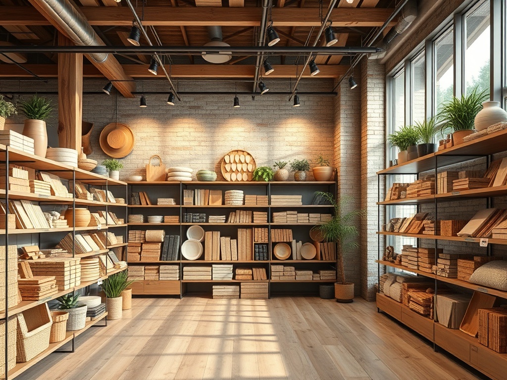 Современный интерьер с деревянными полками, наполненными посудой и растениями в светлом помещении.