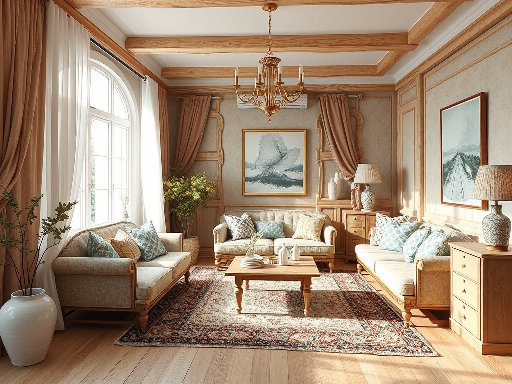 Уютная гостиная с деревянными элементами, мебелью в светлых тонах и украшениями на стенах.