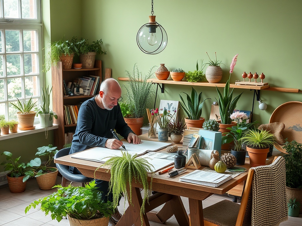 На столе сидит мужчина и рисует, окружают его множество комнатных растений в уютном интерьере.