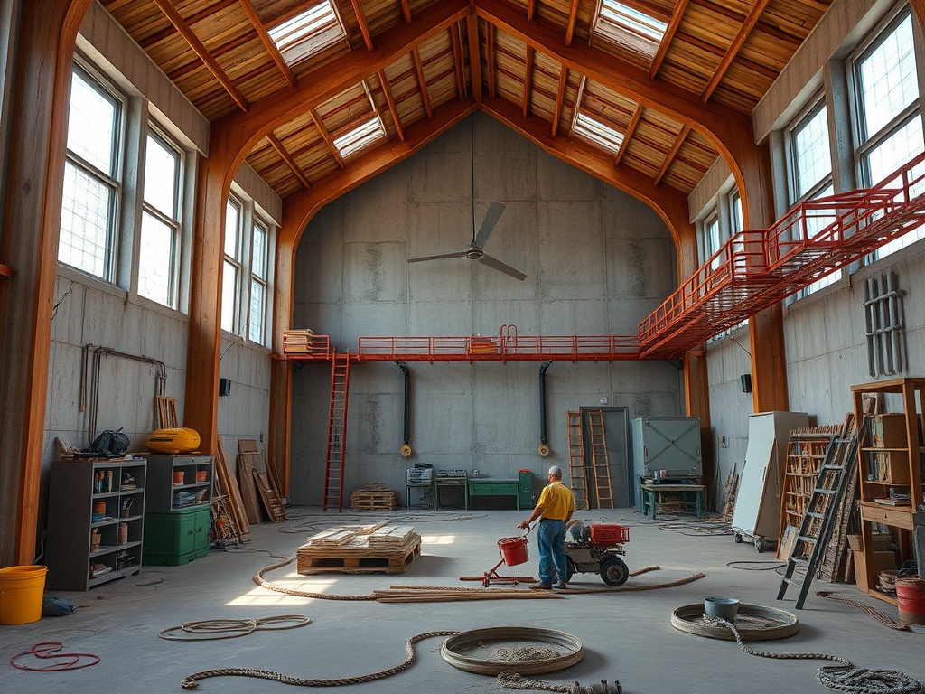 Внутренний вид просторного помещения с рабочим, этажом и различными инструментами. Солнечный свет через окна.