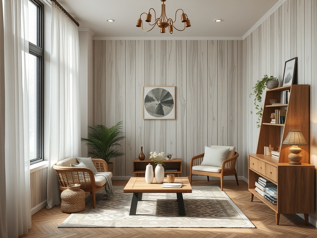Современная гостиная с деревянными деталями, уютной мебелью и растениями, оформленная в светлых тонах.