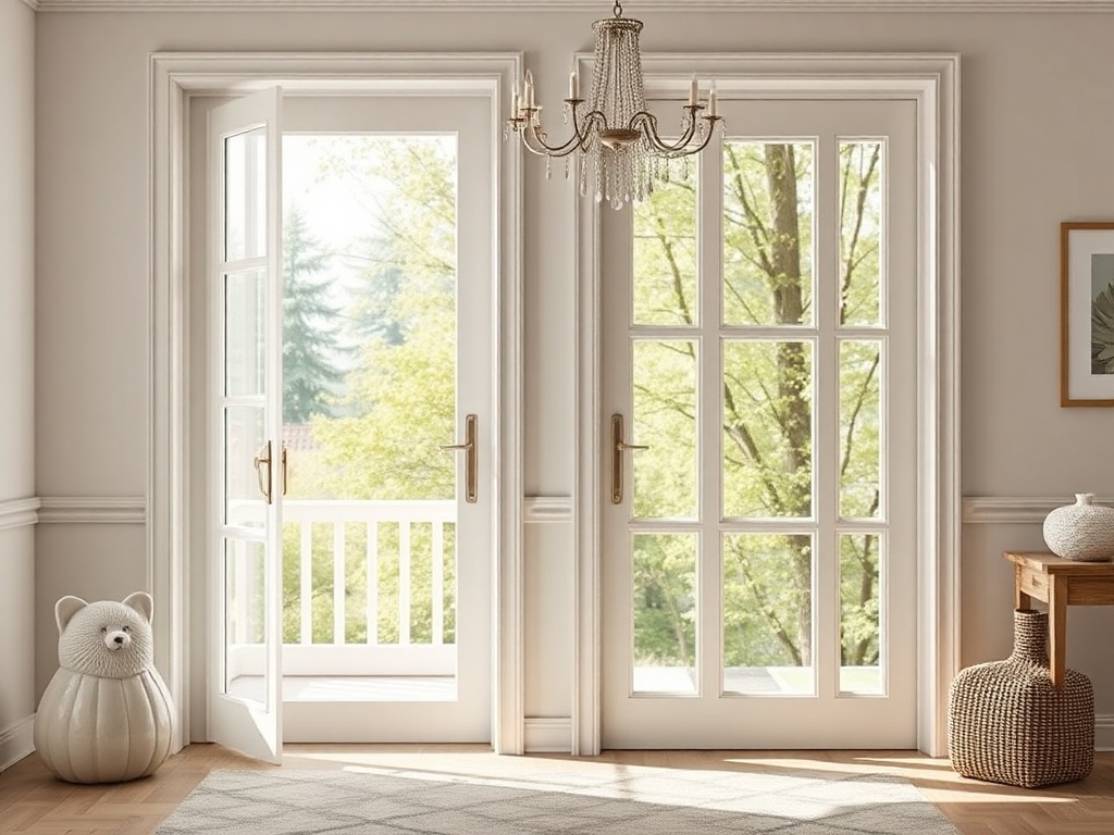 Светлая комната с открытыми двустворчатыми дверями, видом на природу и мягкой игрушкой в углу.