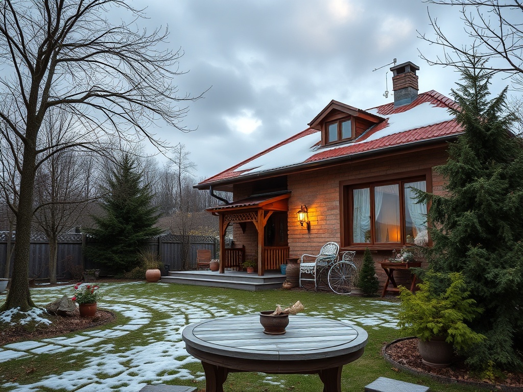 Деревенский дом с красной крышей, окруженный зелёным газоном и деревьями, зимний пейзаж с легким снегом.