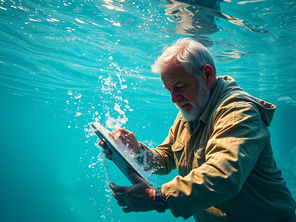 Пожилой мужчина погружается под воду с планшетом, вокруг пузырьки воздуха и солнечные блики.