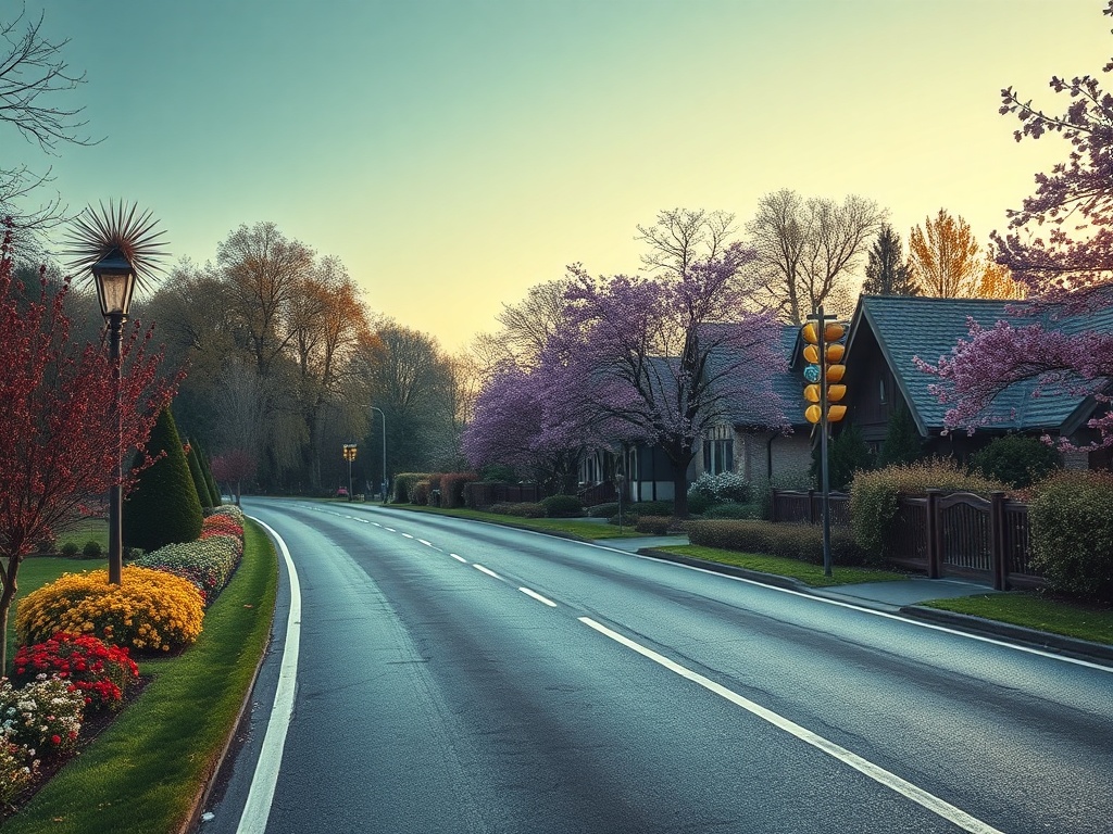 Улица с цветущими деревьями и цветами, освещенная фонарем, в спокойной атмосферной обстановке.