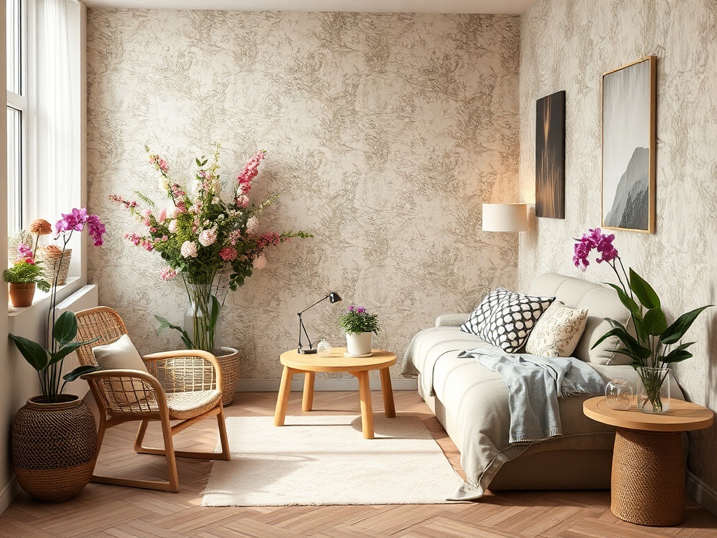 Современный светлый интерьер с растениями, диваном и деревянной мебелью на фоне уютных обоев.