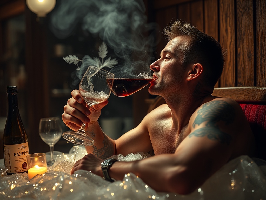 Мужчина с улыбкой пьёт красное вино в ванной, окружённый свечами и пузырями. Атмосфера расслабления и уюта.