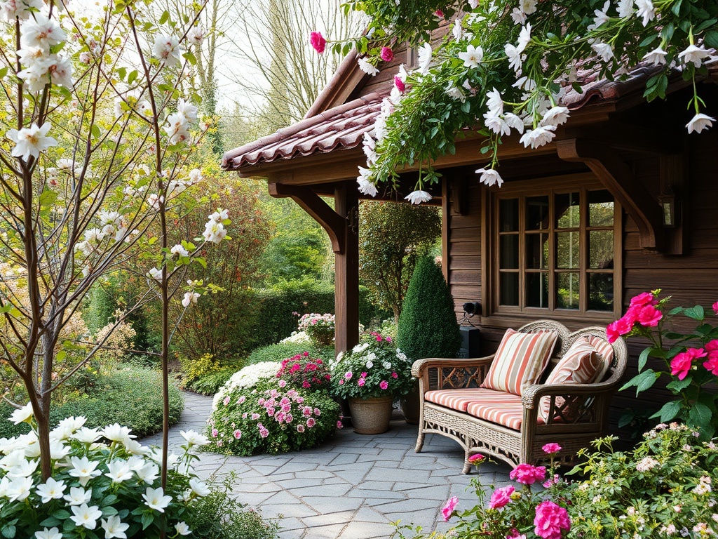 Уютный уголок с диваном и яркими цветами у деревянного дома, окружённого зеленью и цветущими деревьями.