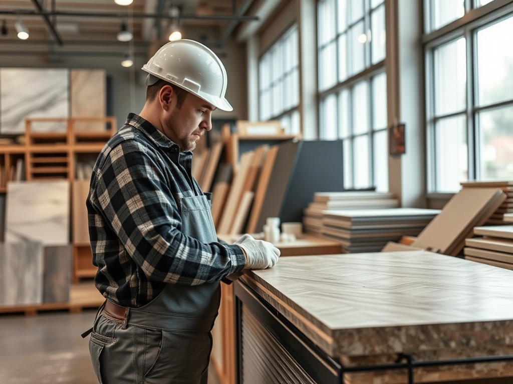 Рабочий в каске и перчатках изучает деревянные панели на производственном помещении. Светлое, современное освещение.