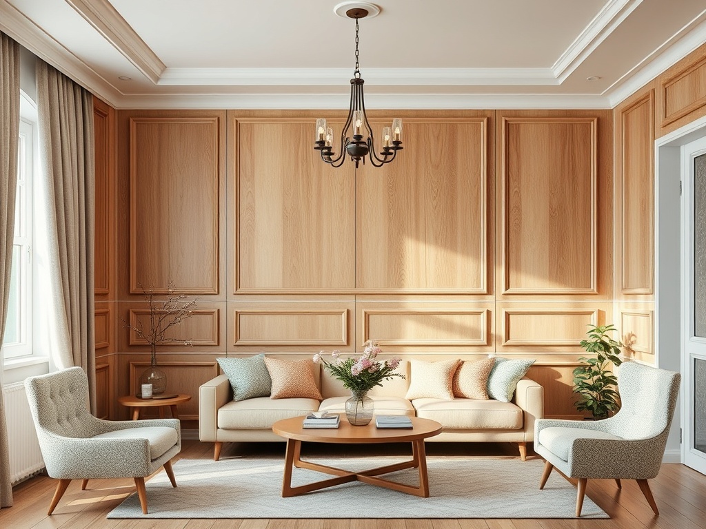 Светлая гостиная с деревянными стенами, уютной мебелью и растениями. Атмосфера спокойствия и комфорта.