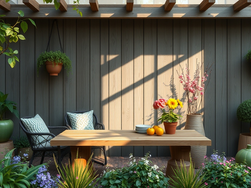 Уютный уголок с деревянным столом, цветами в горшках и зелеными растениями, окруженный солнечным светом.