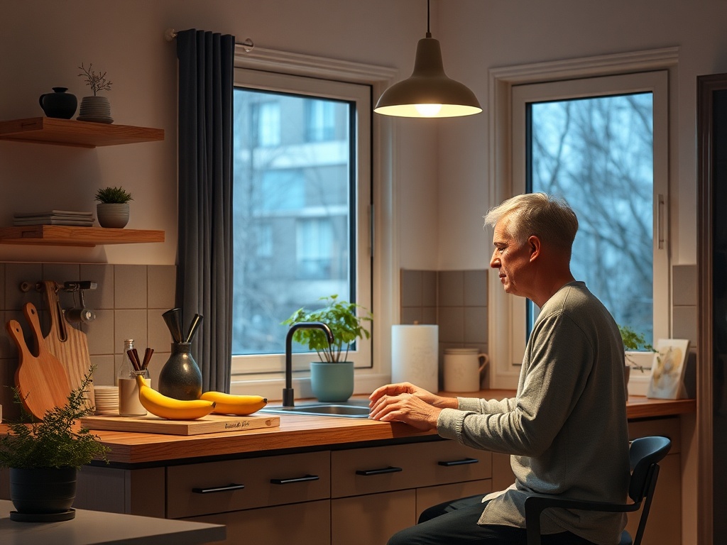 Пожилой мужчина сидит за столом на кухне, освещённой теплым светом, с фруктами на стойке.