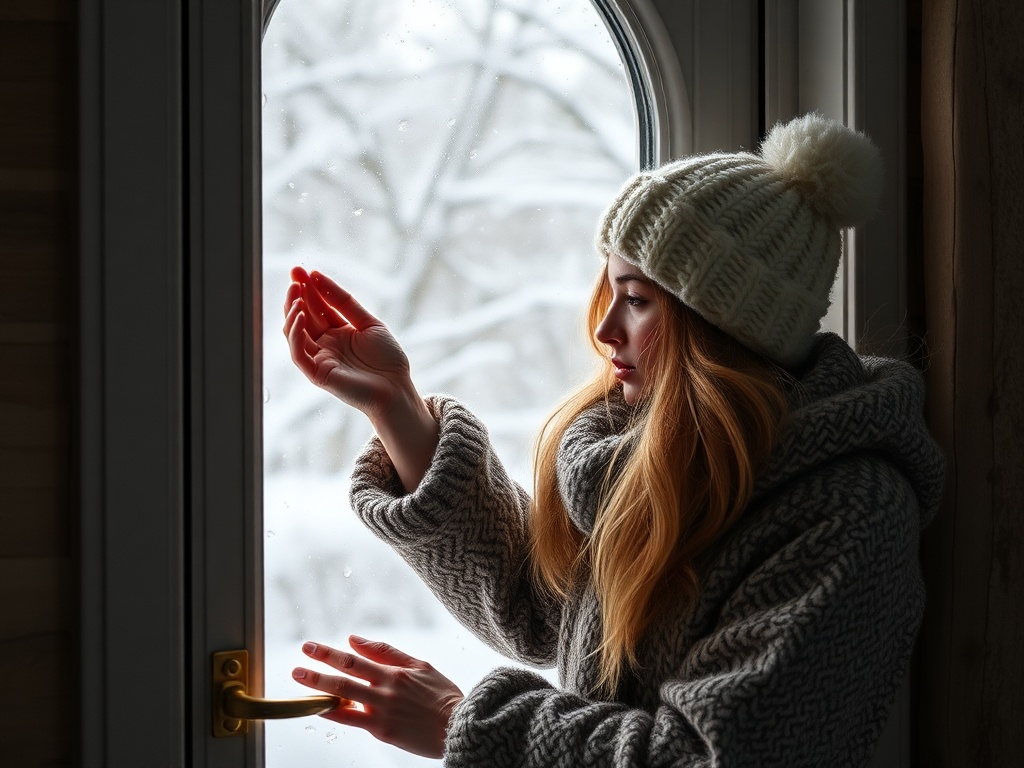 Девушка в зимней шапке прикоснулась к окну, снежный пейзаж виден за стеклом. Атмосфера уюта и зимней тишины.