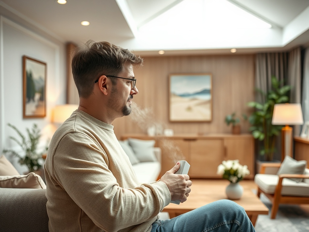 Человек сидит на диване с чашкой в руках, в светлом, уютном интерьере с растениями и картинами на стенах.