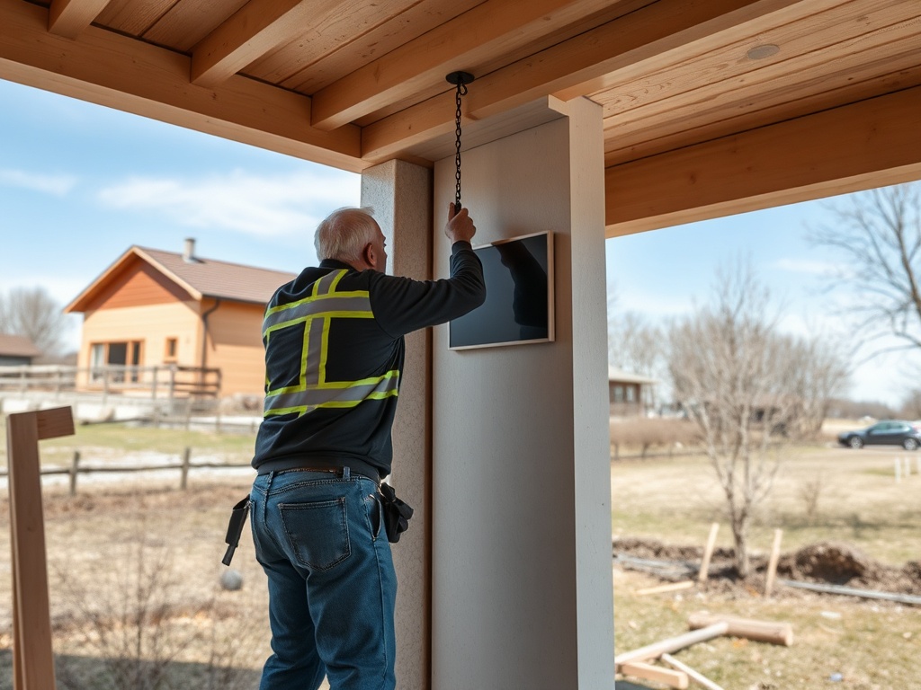 Пожилой мужчина в светоотражающем жилете вешает телевизор на стену на веранде частного дома.